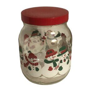 Vintage ANCHOR HOCKING Christmas Snowman Clear Glass Storage Canister Jar w/Lid